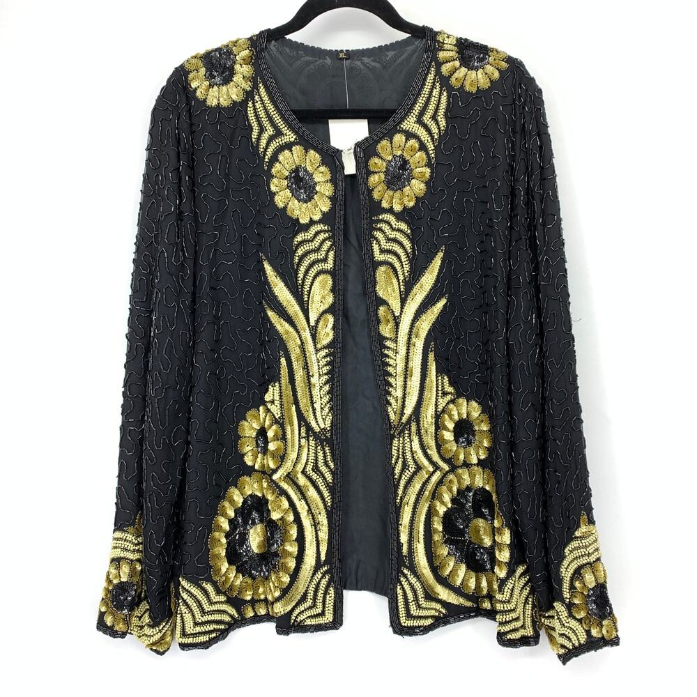 Vintage Silk Sequin Beaded Jacket Womens XL Open Front Evening Top Black Gold